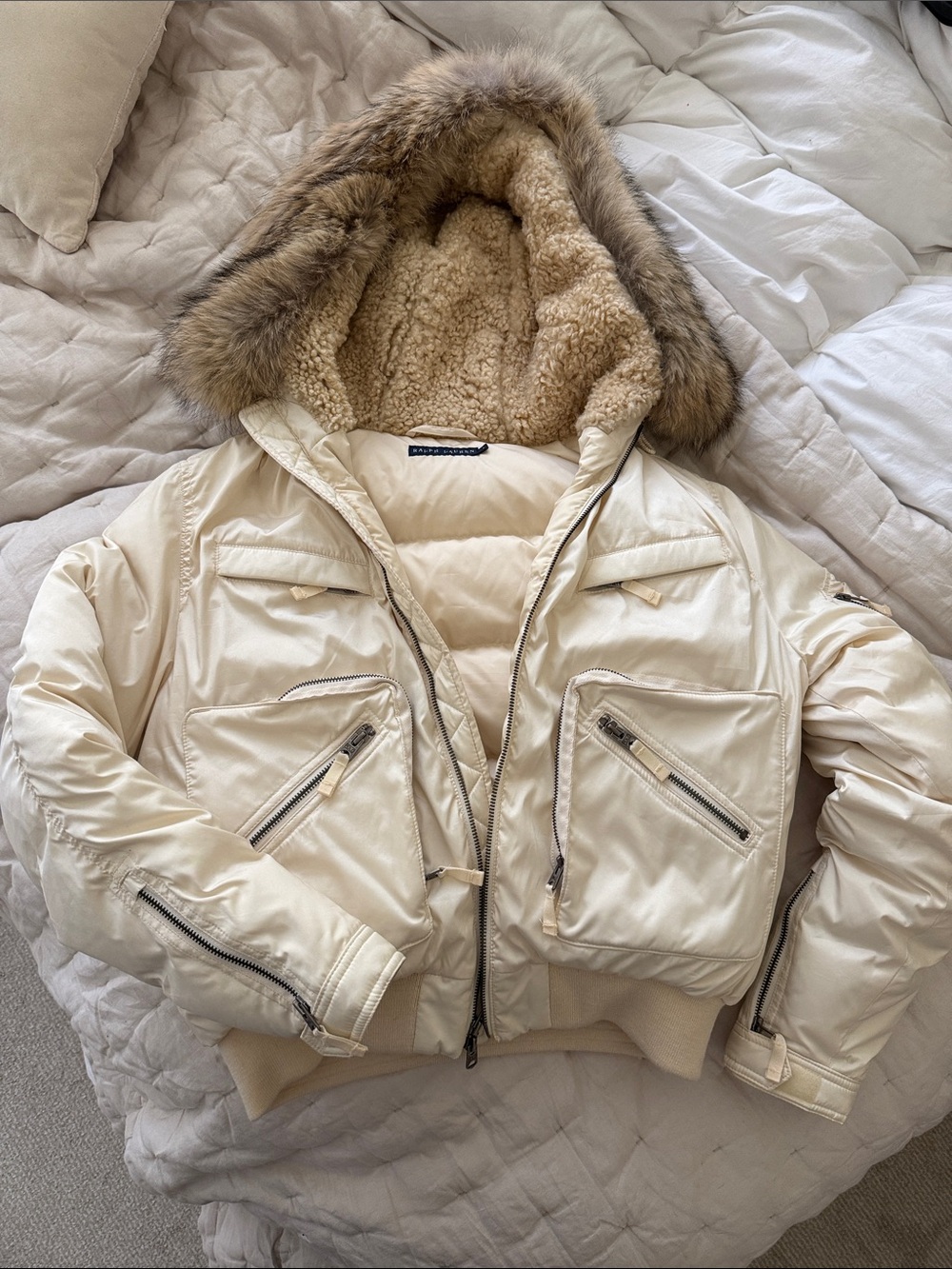 Ralph Lauren real fur! Cream Hooded Puffer Jacket